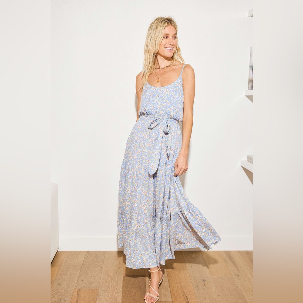 Lulus Sunny Bliss Light Blue Floral Print Tiered Maxi Dress Medium (NO BELT)